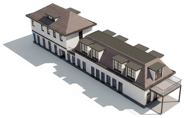 3D model of elongated residential building with brown tiled roof and white facade showing multiple units