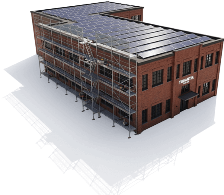 3D architectural rendering of industrial brick building with scaffolding and solar panel roof installation