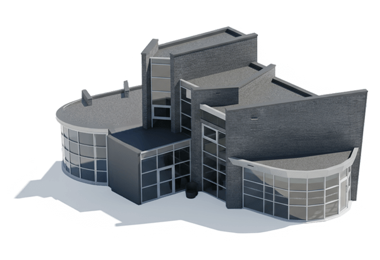 3D architectural model of modern commercial building with curved glass facades and contemporary grey design