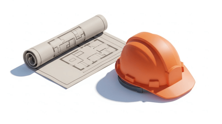 Orange construction hard hat with rolled architectural blueprint plans on white background